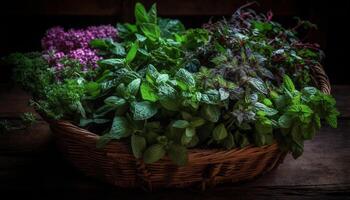 Fresco orgánico vegetal ensalada en un rústico de madera cesta al aire libre generado por ai foto
