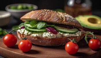 Fresh vegetarian ciabatta sandwich with avocado and grilled vegetables generated by AI photo