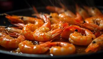 Grilled seafood plate with prawn, scampi, and shrimp appetizers generated by AI photo