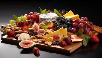 Fresco gastrónomo Fruta plato uva, fresa, frambuesa, melón, arándano, higo, almendra generado por ai foto