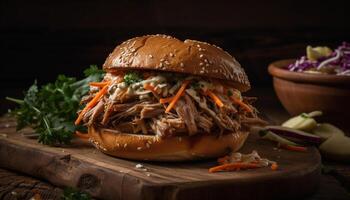 Grilled beef burger with coleslaw, carrot, and fresh tomato salad generated by AI photo