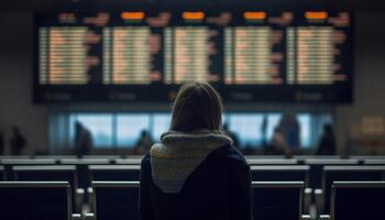 One person waiting, sitting, watching, leaving for business travel generated by AI photo