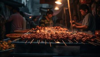 Grilled meat skewers sold by night market vendors in Asia generated by AI photo