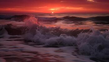 puesta de sol olas choque en naturaleza costa, agua Satisface arena al aire libre generado por ai foto