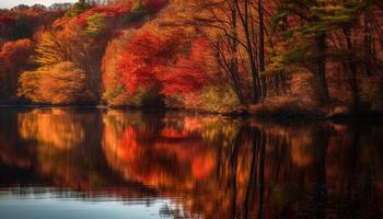 Vibrant autumn colors reflect on tranquil forest pond at dawn generated by AI photo