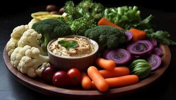 Fresh vegetarian meal grilled broccoli, cauliflower, carrot, tomato, and onion soup generated by AI photo