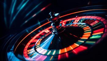 Multi colored roulette wheel spinning, chance for jackpot at casino generated by AI photo