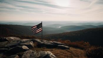 Majestic mountain range, American flag, freedom, and independence celebrated generated by AI photo