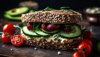 recién A la parrilla carne en rústico ciabatta con orgánico vegetales y sésamo generado por ai foto