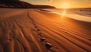 Tranquil sunset on remote coastline, ripples in golden waters generated by AI photo