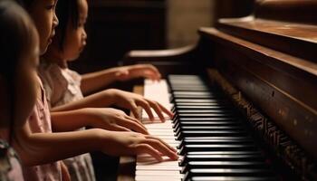 Children playing piano, learning, practicing, and enjoying classical music together generated by AI photo