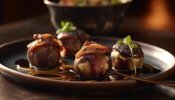 Grilled meat and vegetables on rustic wooden plate, ready to eat generated by AI photo