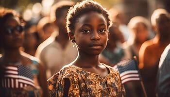 africano americano juventud celebrar cuarto de julio con americano bandera generado por ai foto
