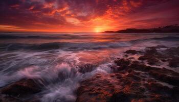 Sunset over tranquil seascape, dramatic sky and blurred motion generated by AI photo