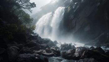 majestuoso montaña paisaje, fluido agua y rocoso línea costera aventuras generado por ai foto