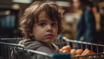 Smiling toddler chooses healthy groceries while sitting in shopping cart generated by AI photo