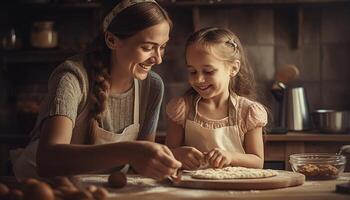 madre y hija unión, haciendo hecho en casa galletas con harina generado por ai foto