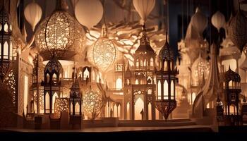iluminado alminar simboliza espiritualidad en Arábica estilo arquitectura a noche generado por ai foto