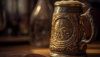 Antique bottle of alcohol on ornate wood table, gold elegance generated by AI photo