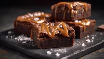 Stack of homemade brownie slices with hazelnut and dark chocolate generated by AI photo