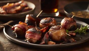 A la parrilla carne brochetas en rústico madera lámina, Listo a comer aperitivo generado por ai foto