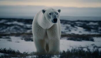 Arctic mammal standing in snow, looking at camera, fur wet generated by AI photo