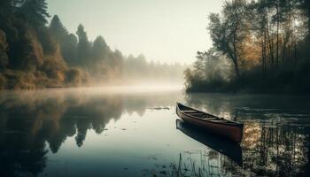 Rowboat glides on tranquil pond, reflecting autumn forest beauty generated by AI photo