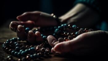 hecho a mano talón joyería collar, pulsera, y rosario rosario brillar generado por ai foto