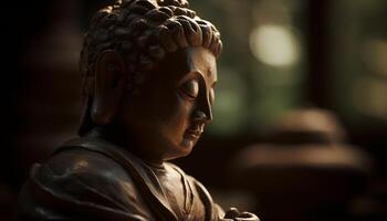 Meditating monk in ancient Buddhist temple exuding serene wisdom generated by AI photo