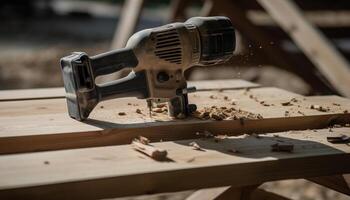 Carpenter saws wood with electric saw in construction workshop generated by AI photo