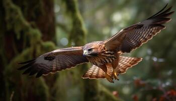 majestuoso pájaro de presa encaramado en rama, untado alas generado por ai foto