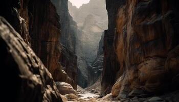 majestuoso montaña cima, tranquilo escena, uno persona excursionismo en naturaleza generado por ai foto