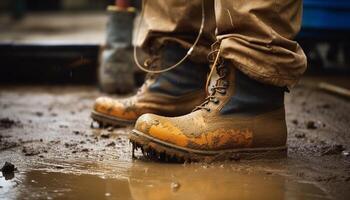 Dirty leather hiking boots protect men feet in wet nature generated by AI photo