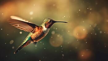 colibrí flotando medio aire, extensión iridiscente multi de colores plumas en movimiento generado por ai foto