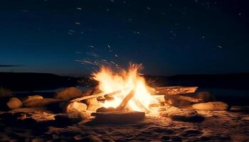 Glowing campfire igniting wood, heat and smoke in tranquil dusk generated by AI photo