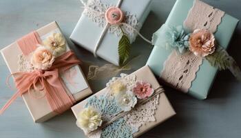 Wrapped gift box with ornate flower decoration on rustic wood generated by AI photo