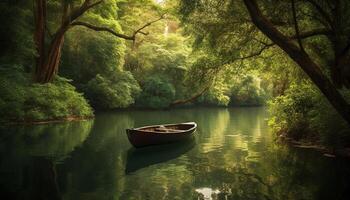 Tranquil scene of canoeing on foggy pond in wilderness area generated by AI photo