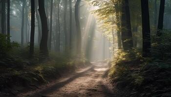 misterioso otoño bosque, tranquilo sendero, desvanecimiento punto en el distancia generado por ai foto