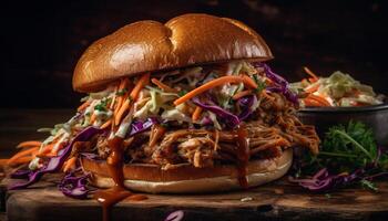 Grilled pulled pork sandwich with coleslaw, onion, and tomato generated by AI photo