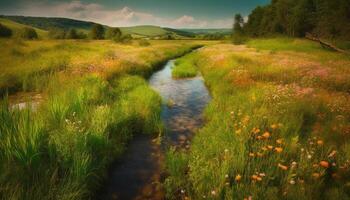 Idyllic meadow reflects multi colored sunset over uncultivated mountain range generated by AI photo