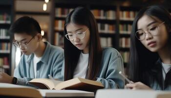 Young women and girls studying literature in library, focusing intently generated by AI photo