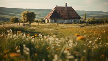 Tranquil meadow, rustic farmhouse, yellow sun, green grass, blue sky generated by AI photo