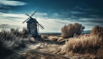 Rustic windmill generates alternative energy in idyllic rural landscape generated by AI photo