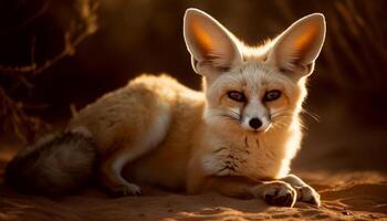 Fluffy red fox kitten sitting in grass, looking at camera generated by AI photo