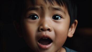 Cute child portrait one boy screaming, one girl looking away generated by AI photo