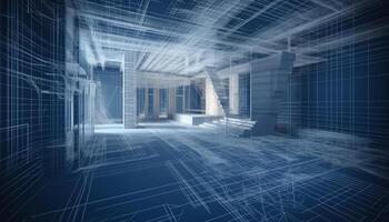 Futuristic blueprint outlines modern apartment design with glowing cityscape background generated by AI photo