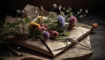 Fresh bouquet of purple flowers on rustic wooden table generated by AI photo