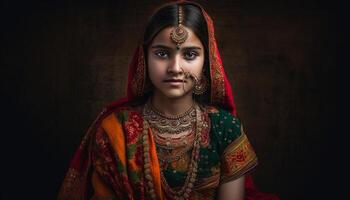 uno hermosa mujer en tradicional sari exuda elegancia y confianza generado por ai foto