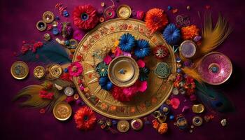 florido hinduismo diseño simboliza espiritualidad y suerte en multi de colores patrones generado por ai foto