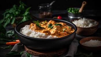 Freshly cooked meal of pork and basmati rice with vegetables generated by AI photo